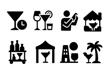 Cocktail Event Icons. Solid, filled icon set of cocktail events: happy hour, tasting event, mixology class, bartending competition, cocktail festival, lounge