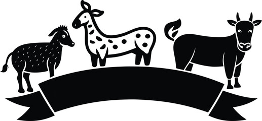 Wild animal silhouettes vector illustration with horses dogs, deer and goats in black and white style