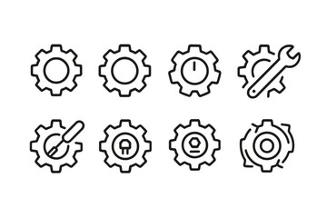 Digital Gear Icons. Outline icon set of digital gear symbols: settings gear, cogwheel, adjustment gear, control knob, gear with wrench, gear with screwdriver,