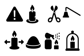Candle Safety Icons. Solid, filled icon set of candle safety and care: warning label, heat-resistant base, wick trimmer, snuffer, safe distance icon, lid