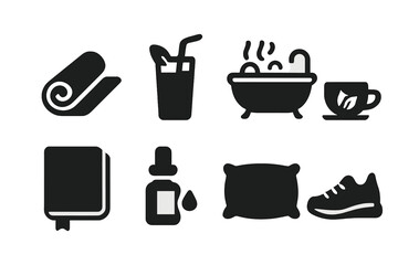 Anti-Aging Wellness Icons. Solid, filled icon set of anti-aging wellness: yoga mat, green smoothie, spa bath, herbal tea, journal, essential oil, sleep pillow,