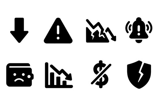 Credit Score Icons. Solid, filled icon set of credit score loss: downward arrow, warning sign, broken graph, alert bell, sad wallet, failing bar chart, crossed