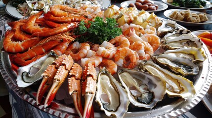 A platter of seafood featuring shrimp oysters and crab claws arranged on a silver serving tray table