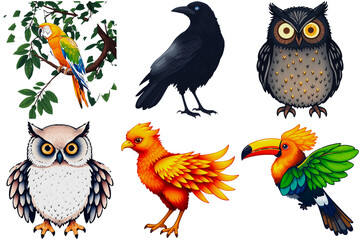 Obraz premium Collection of diverse birds including a colorful parrot a raven a toucan a phoenix and two owls in a detailed artistic composition isolated on transparent background