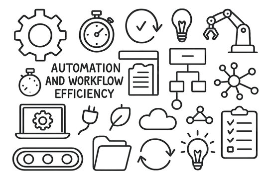 Automation Workflow Doodles. Hand-drawn doodle illustration Automation and workflow efficiency gear, conveyor belt, stopwatch, checklist, flowchart, laptop,