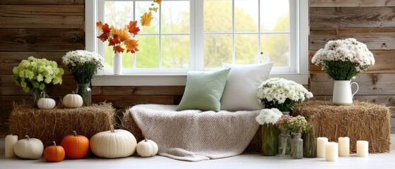 Fototapeta premium A cozy seating area adorned with pumpkins, plants, and soft textures creates a warm autumn ambiance in a bright space