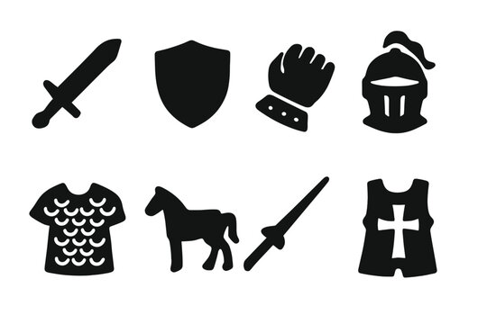 Knight's Armor Icons. Solid, filled icon set of knight?s equipment: sword, shield, gauntlet, helmet, chainmail, horse, lance, tabard. Solid, filled icons in
