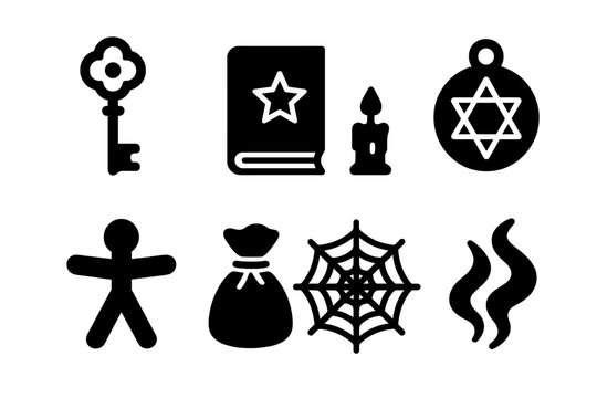 Kikimora Folklore Icons. Solid, filled icon set of kikimora related folklore objects: enchanted key, ancient book, magic candle, talisman, wooden doll, charm