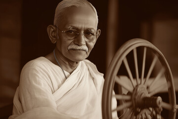happy elderly man, mahatma gandhi on light background	
