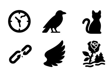 Fototapeta premium Ominous Icon Grid. Solid, filled icon set of ominous objects: cracked clock, crow perched, shadowy figure, black cat silhouette, broken chain, dark wing, black