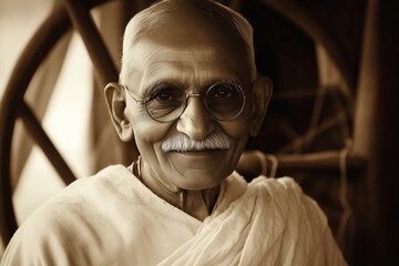 happy elderly man, mahatma gandhi on light background	
