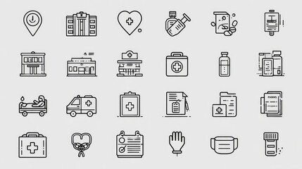 Medical Healthcare and Medicine Flat Line Icon Set. Doctor, Hospital, Emergency, and Cardiology Symbols.