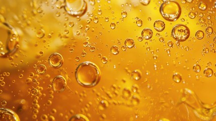 Close up shot of golden liquid with bubbles floating and clinging to the side of the glass container