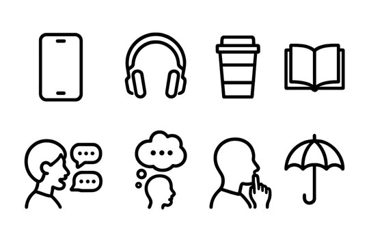 Distracted Walking Icons. Outline icon set of distracted walking: mobile phone, headphones, coffee cup, book, umbrella, chatting person, daydreaming, lost in