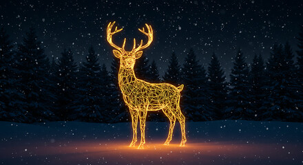 Glowing Deer in Snowy Landscape: A radiant deer made of golden lights stands majestically against a backdrop of a snow-covered landscape, creating a scene of warmth and wonder in the chilly night. 