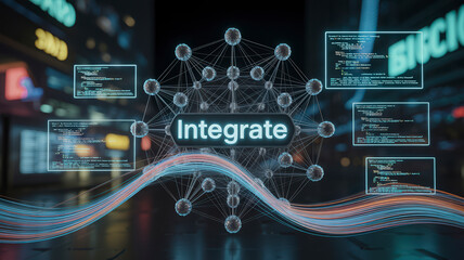 Futuristic Integration Network with Glowing Data Streams and Code Displays in a Cyberpunk Cityscape Backdrop