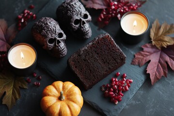 Fototapeta premium Assorted Halloween treats including black velvet cake, skull-shaped decorations, candles, and autumn leaves arranged in a flat lay composition with vibrant seasonal elements