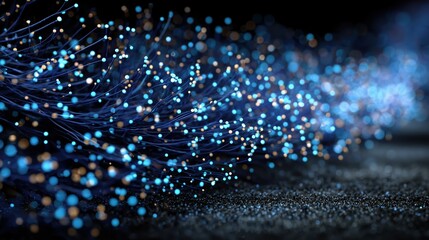 Sparkling blue fiber optic strands glowing in dark for tech visual campaigns.
