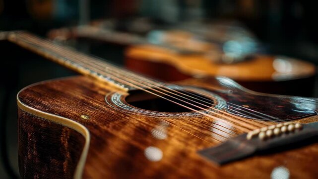 Medium shot of an acoustic guitar with finely detailed wood grain in sharp focus while the blurred background showcases subtle hints of other string instruments.
