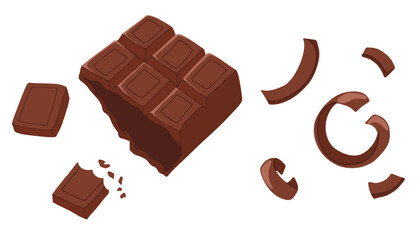 Chocolate bar, dark chocolate crumbles and chips isolated on white background. Vector hand drawn cartoon illustration for packaging design, menu, invitations, stickers, print
