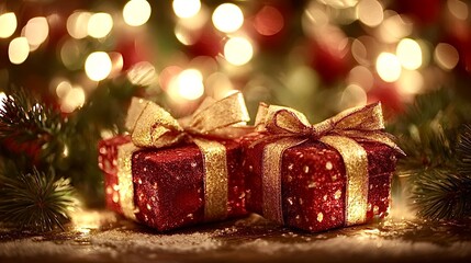 Christmas gifts presenting festive holiday celebration with bokeh lights