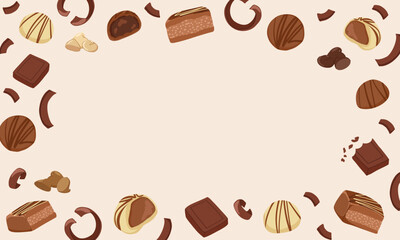 Sweet dessert horizontal banner frame with chocolate candies on beige background. Vector hand drawn cartoon illustration for packaging design, menu, flyers with blank copy space