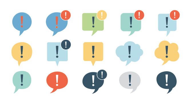 Collection of colorful speech bubbles with exclamation points for attention grabbing elements