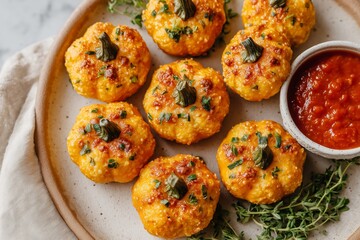 Fototapeta premium Mini pumpkin-shaped pizza bites arranged on a neutral plate, garnished with fresh herbs, served with a small bowl of marinara sauce for dipping, perfect for gatherings and celebrations