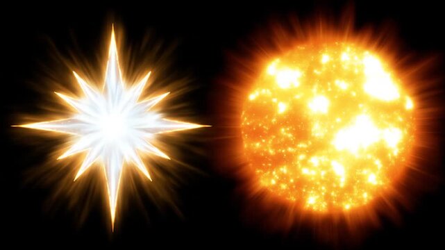 A radiant, ten-pointed star bursts beside a glowing, textured orb in stark contrast