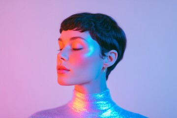 Futuristic portrait of a young person with short hair, illuminated by vibrant neon colors, showcasing a modern aesthetic and unique style in a creative atmosphere
