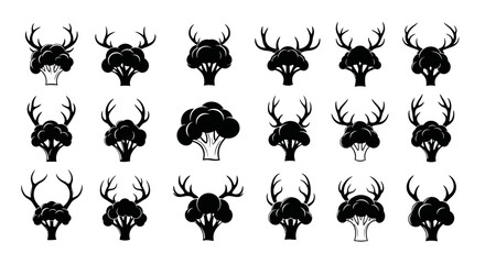 Fototapeta premium Abstract monochrome pattern featuring broccoli heads adorned with deer antlers silhouettes