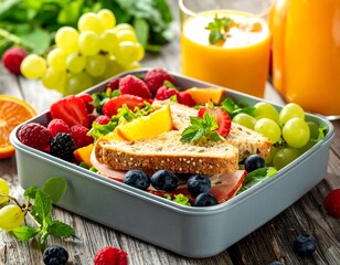 Healthy lunchbox with sandwich and fruit
