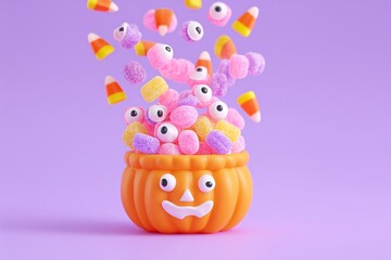 Obraz premium Colorful Halloween-themed gummy candies spilling from a playful pumpkin container, creating a festive atmosphere with vibrant hues and whimsical shapes for seasonal celebrations