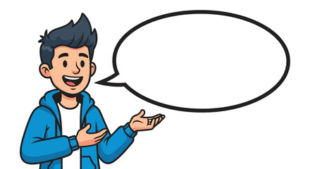 Cartoon character illustration of a young man with speech bubble for message and presentation
