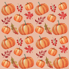 Watercolor seamless pattern of orange pumpkins, autumn leaves, and red berries on a beige and pink background. Suitable for textile design, gift wrapping paper, cards, invitations, and food packaging.