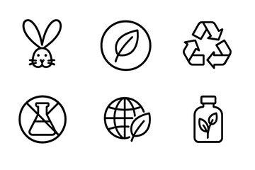 Clean Beauty Icons. Outline icon set of clean beauty certifications: cruelty-free logo, vegan badge, organic label, recyclable symbol, no parabens sign,