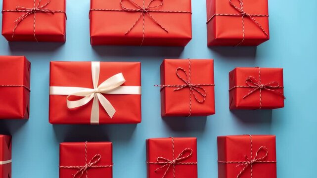 Overhead view of several neatly arranged red gift boxes tied with string and white ribbons against a light blue background