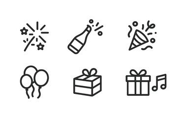Celebration Icon Set. Outline icon set of celebration symbols: fireworks, champagne bottle, confetti, party popper, balloons, cake slice, gift box, music