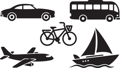 Transportation Icons Car, Bus, Bicycle, Airplane, Sailboat Silhouettes