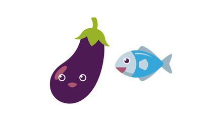 Cartoon Aubergine and Fish Duo with Playful Facial Expressions in Simple Style
