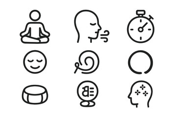 Meditation Icons Set. Outline icon set of discipline in meditation and mindfulness: lotus pose, breathing, calm face, timer, mantra, zen circle, meditation