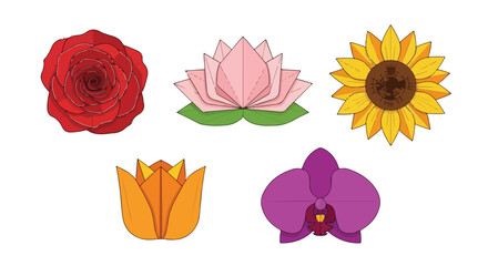 Vibrant Collection of Stylized Flowers Rose Lotus Sunflower Tulip Orchid Vector Icons