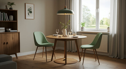 A minimalistic dining setup with two chairs and a round table under warm lighting in a quiet room