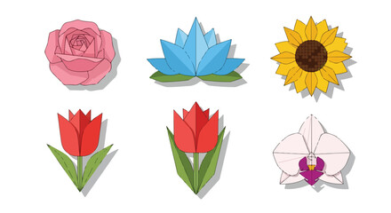 Set of Six Origami Flower Illustrations Rose Lotus Sunflower Tulips Orchid Vector Art