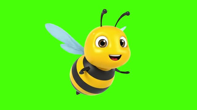 Cute cartoon bee flying on a green screen background