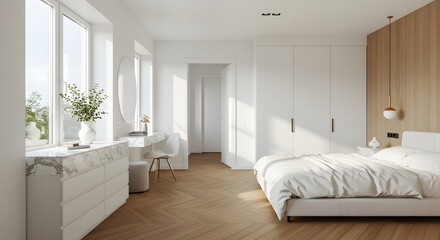 A modern bedroom styled space offering a a inviting atmosphere feel, detailed with white and wood, wooden flooring, marble countertops --ar 169 (3)3.jpg