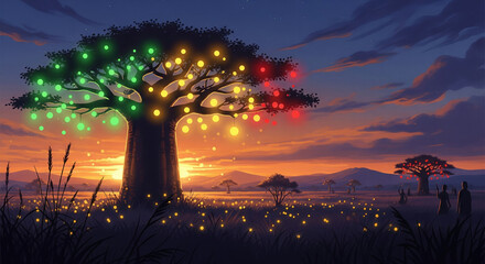 Illuminated baobab tree at sunset surrounded by glowing grass  