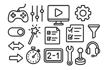 Game Icon Doodle Collection. Hand-drawn doodle illustration game preset gamepad, sliders, computer screen, play button, gear, toggle switch, magic wand,
