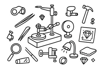 Lapidary Tools Doodle. Hand-drawn doodle illustration lapidary tools faceting machine, polishing wheel, loupe, cutting tool, tweezers, magnifying glass,