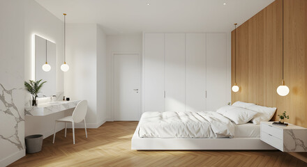 A modern bedroom styled space offering a a inviting atmosphere feel, detailed with white and wood, wooden flooring, marble countertops --ar 169 (4)4.jpg